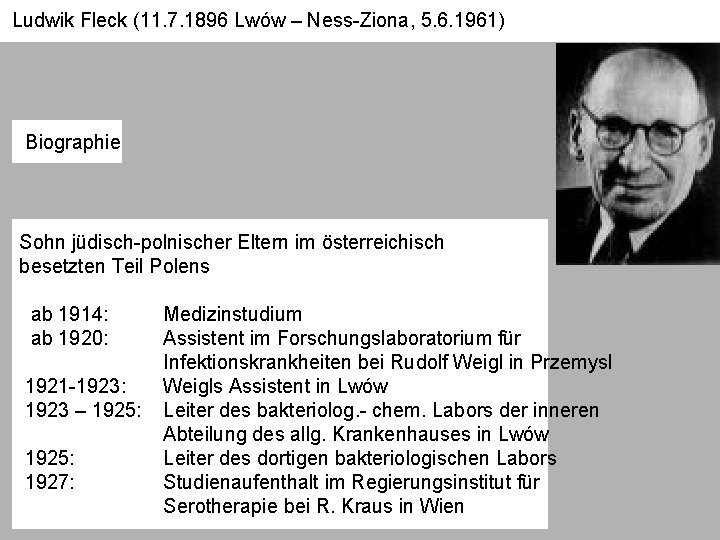Ludwik Fleck (11. 7. 1896 Lwów – Ness-Ziona, 5. 6. 1961) Biographie Sohn jüdisch-polnischer