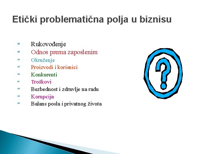 Etički problematična polja u biznisu Rukovođenje Odnos prema zaposlenim Okruženje Proizvodi i korisnici Konkurenti