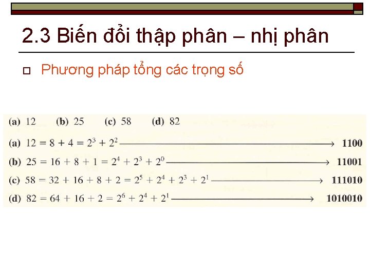 2. 3 Biến đổi thập phân – nhị phân o Phương pháp tổng các