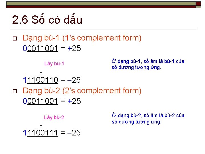 2. 6 Số có dấu o Dạng bù-1 (1’s complement form) 00011001 = +25