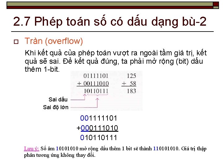 2. 7 Phép toán số có dấu dạng bù-2 o Tràn (overflow) Khi kết