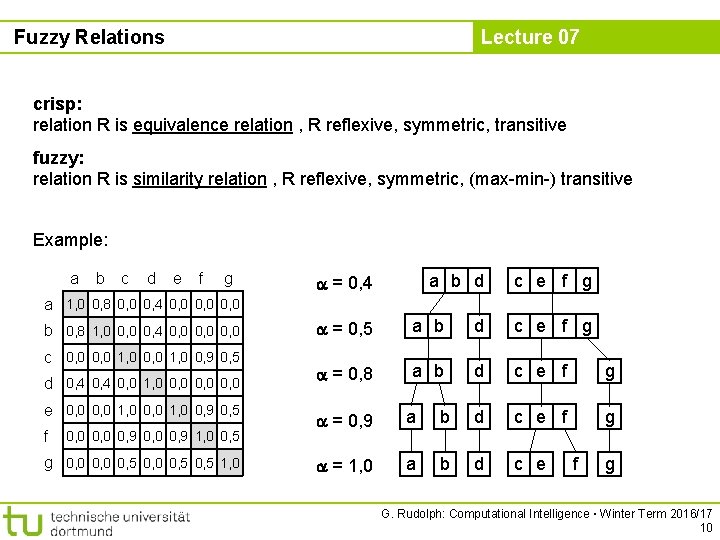 Fuzzy Relations Lecture 07 crisp: relation R is equivalence relation , R reflexive, symmetric,