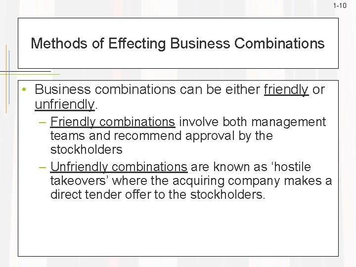 1 -10 Methods of Effecting Business Combinations • Business combinations can be either friendly