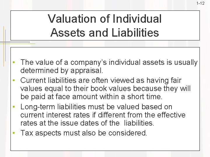 1 -12 Valuation of Individual Assets and Liabilities • The value of a company’s