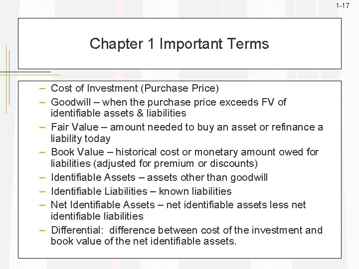 1 -17 Chapter 1 Important Terms – Cost of Investment (Purchase Price) – Goodwill