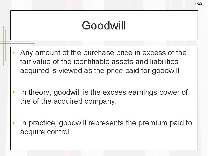 1 -22 Goodwill • Any amount of the purchase price in excess of the