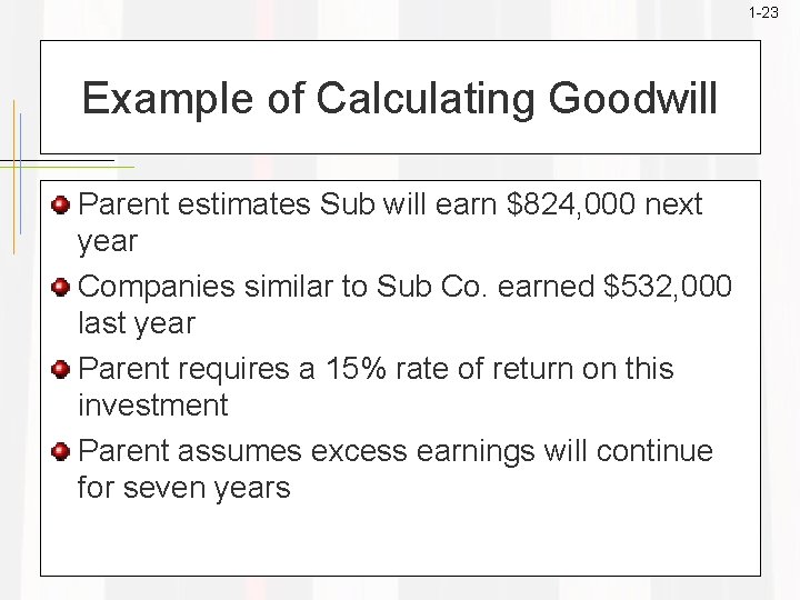 1 -23 Example of Calculating Goodwill Parent estimates Sub will earn $824, 000 next