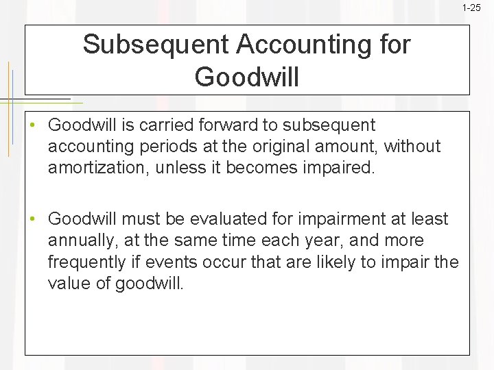 1 -25 Subsequent Accounting for Goodwill • Goodwill is carried forward to subsequent accounting