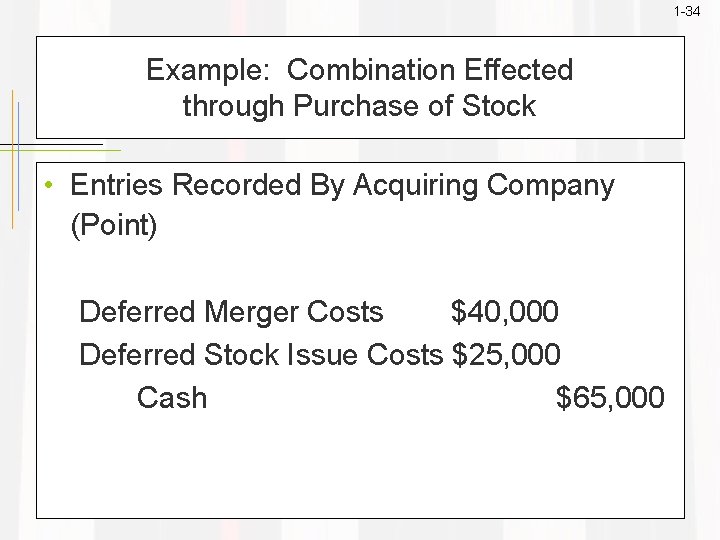 1 -34 Example: Combination Effected through Purchase of Stock • Entries Recorded By Acquiring