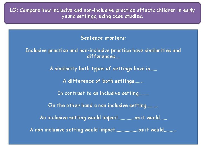 LO: Compare how inclusive and non-inclusive practice affects children in early years settings, using