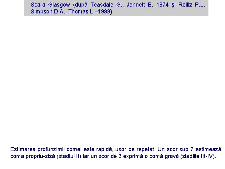 Scara Glasgow (după Teasdale G. , Jennett B. 1974 şi Reillz P. L. ,