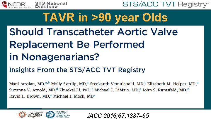 TAVR in >90 year Olds JACC 2016; 67: 1387– 95 