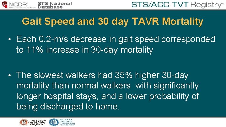 Gait Speed and 30 day TAVR Mortality • Each 0. 2 -m/s decrease in