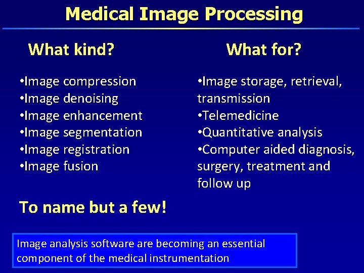 Medical Image Processing What kind? • Image compression • Image denoising • Image enhancement
