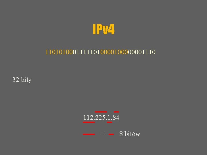 IPv 4 110101000111110100000001110 32 bity 112. 225. 1. 84 = 8 bitów 