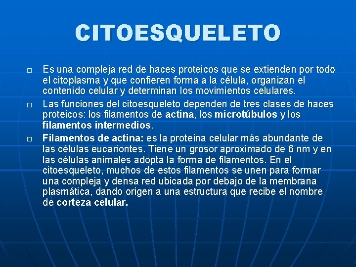 CITOESQUELETO Es una compleja red de haces proteicos que se extienden por todo el