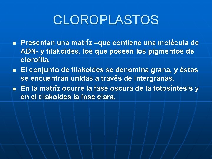 CLOROPLASTOS n n n Presentan una matríz –que contiene una molécula de ADN- y