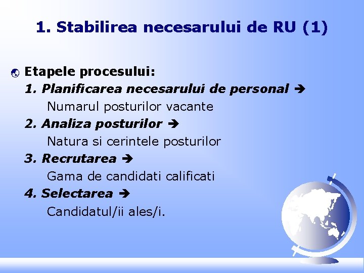 1. Stabilirea necesarului de RU (1) ý Etapele procesului: 1. Planificarea necesarului de personal