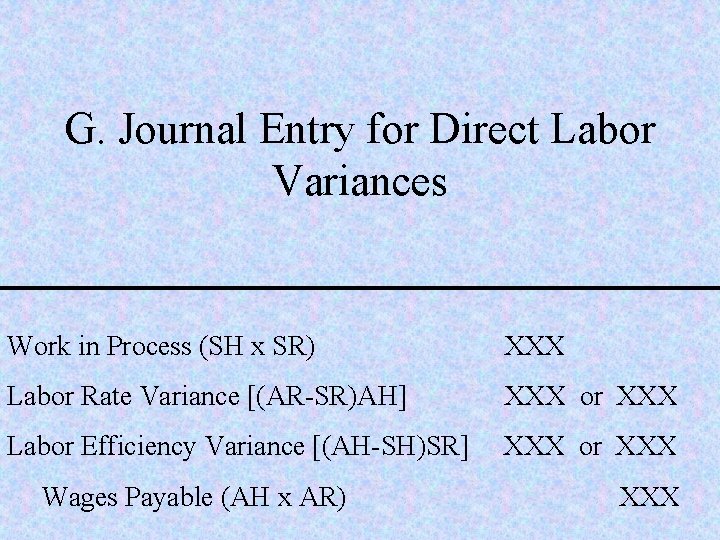 G. Journal Entry for Direct Labor Variances Work in Process (SH x SR) XXX