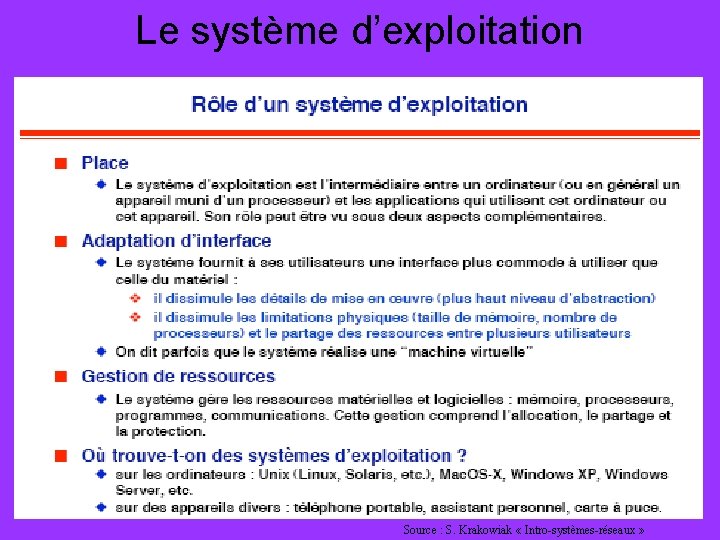 Le système d’exploitation Source : S. Krakowiak « Intro-systèmes-réseaux » 