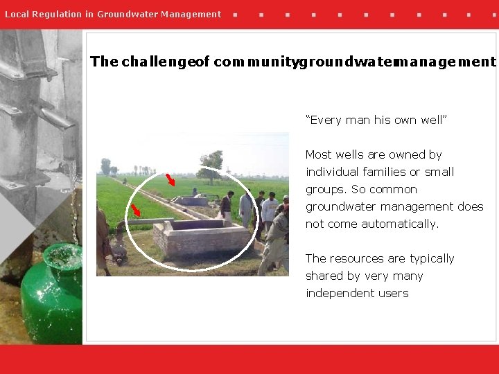 Local Regulation in Groundwater Management The challengeof communitygroundwatermanagement “Every man his own well” Most
