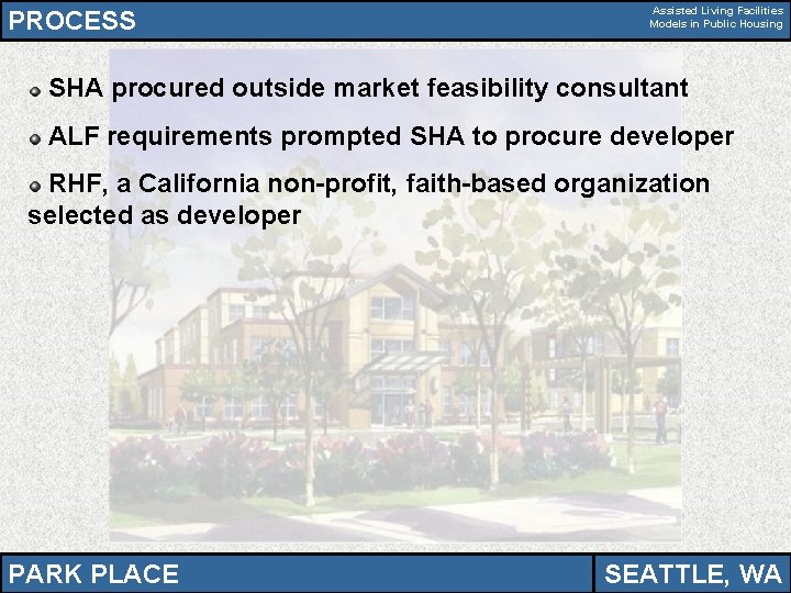 PROCESS Assisted Living Facilities Models in Public Housing SHA procured outside market feasibility consultant