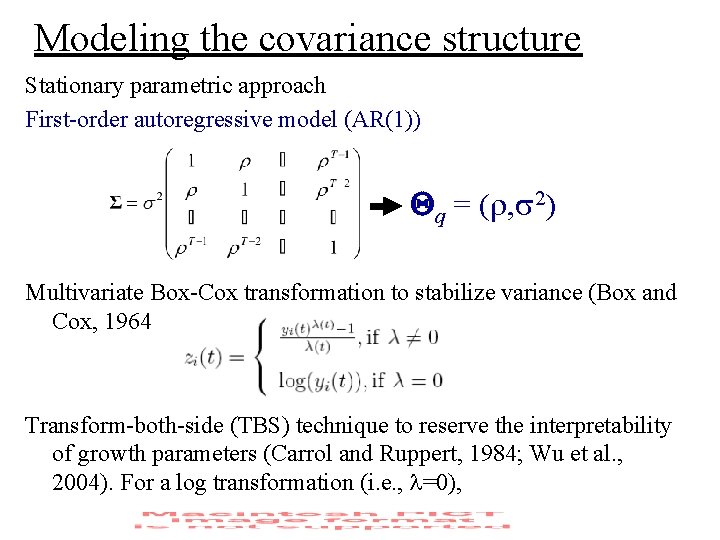 Modeling the covariance structure Stationary parametric approach First-order autoregressive model (AR(1)) q = (