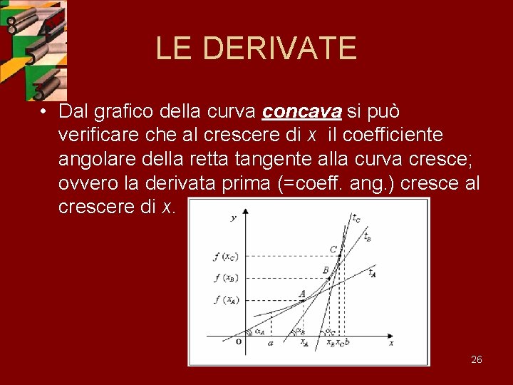 LE DERIVATE • Dal grafico della curva concava si può verificare che al crescere