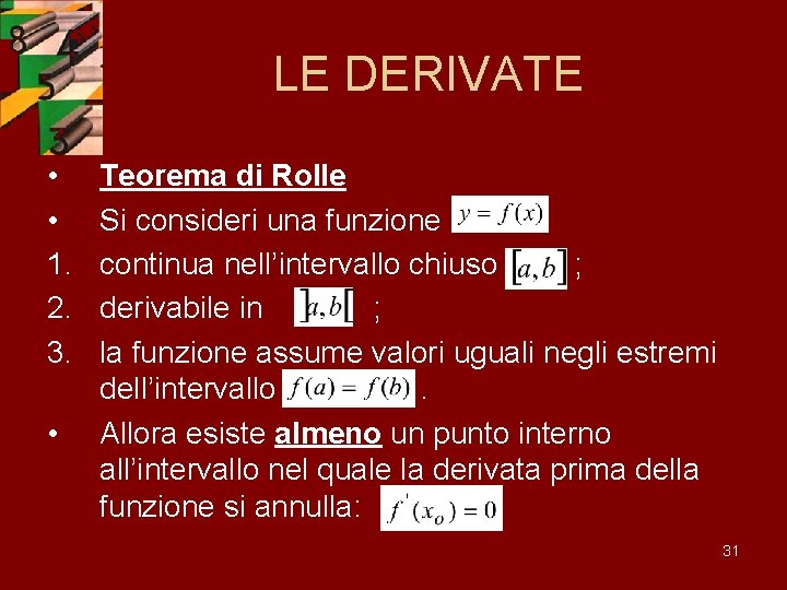 LE DERIVATE • • 1. 2. 3. • Teorema di Rolle Si consideri una