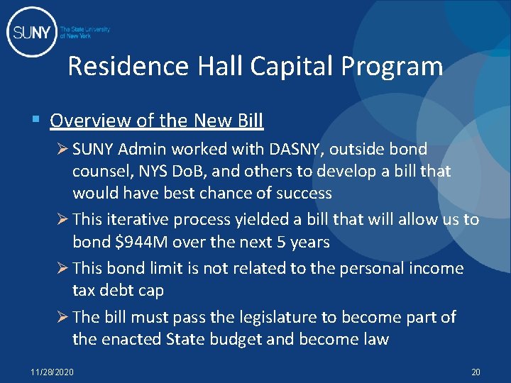 Residence Hall Capital Program § Overview of the New Bill Ø SUNY Admin worked