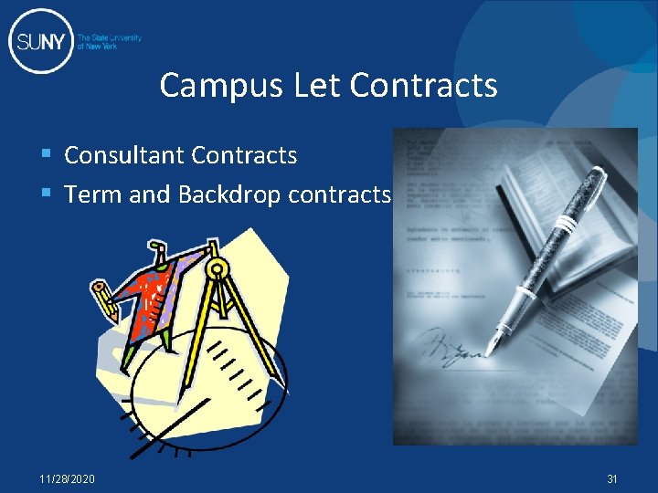 Campus Let Contracts § Consultant Contracts § Term and Backdrop contracts 11/28/2020 31 