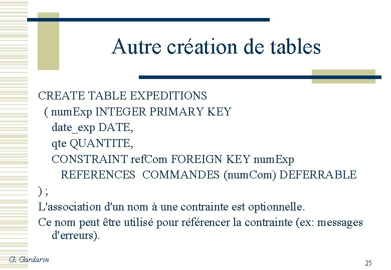 Autre création de tables CREATE TABLE EXPEDITIONS ( num. Exp INTEGER PRIMARY KEY date_exp