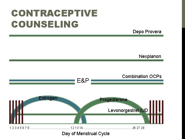CONTRACEPTIVE COUNSELING Depo Provera Nexplanon Combination OCPs E&P Estrogen Progesterone Levonorgestrel IUD 1 2