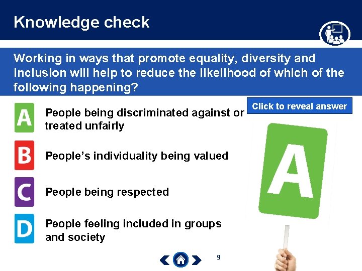 Knowledge check Working in ways that promote equality, diversity and inclusion will help to