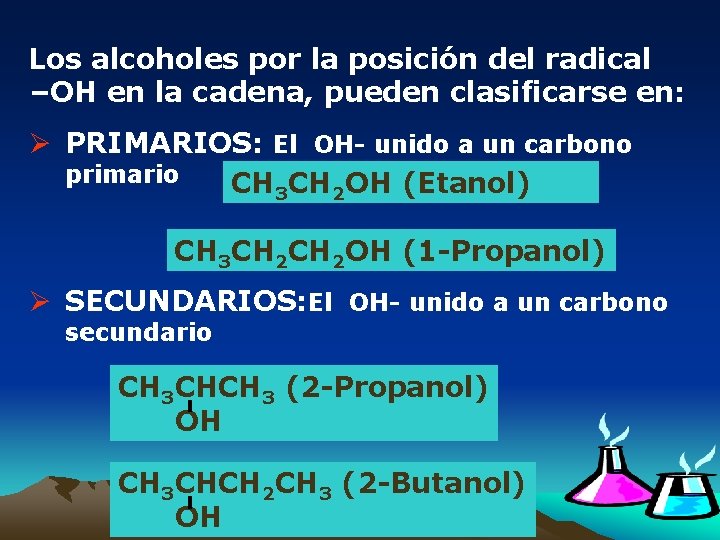 Los alcoholes por la posición del radical –OH en la cadena, pueden clasificarse en: