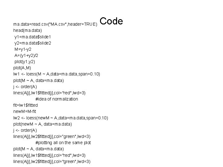 Code ma. data=read. csv("MA. csv", header=TRUE) head(ma. data) y 1=ma. data$slide 1 y 2=ma.