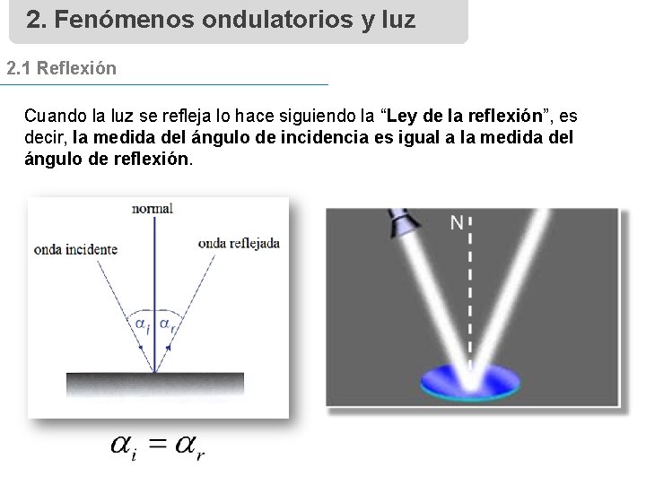 2. Fenómenos ondulatorios y luz 2. 1 Reflexión Cuando la luz se refleja lo