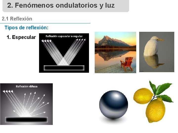 2. Fenómenos ondulatorios y luz 2. 1 Reflexión Tipos de reflexión: 1. Especular N