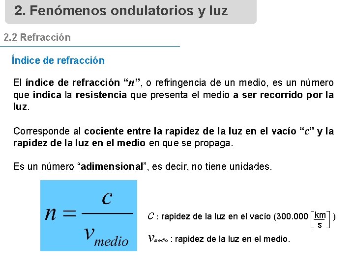 2. Fenómenos ondulatorios y luz 2. 2 Refracción Índice de refracción El índice de