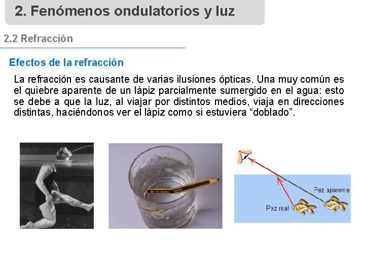 2. Fenómenos ondulatorios y luz 2. 2 Refracción Efectos de la refracción La refracción