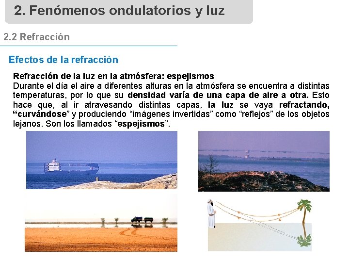 2. Fenómenos ondulatorios y luz 2. 2 Refracción Efectos de la refracción Refracción de