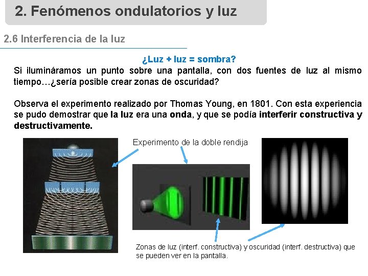 2. Fenómenos ondulatorios y luz 2. 6 Interferencia de la luz ¿Luz + luz