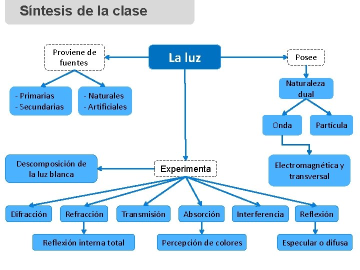 Síntesis de la clase Proviene de fuentes - Primarias - Secundarias La luz Posee
