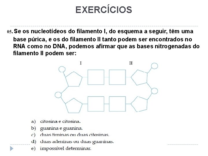 EXERCÍCIOS 05. Se os nucleotídeos do filamento I, do esquema a seguir, têm uma