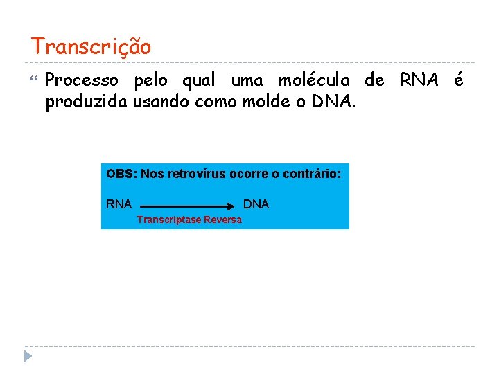 Transcrição Processo pelo qual uma molécula de RNA é produzida usando como molde o