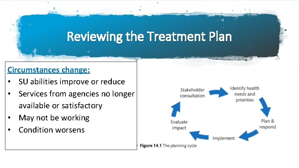 Reviewing the Treatment Plan Circumstances change: • SU abilities improve or reduce • Services