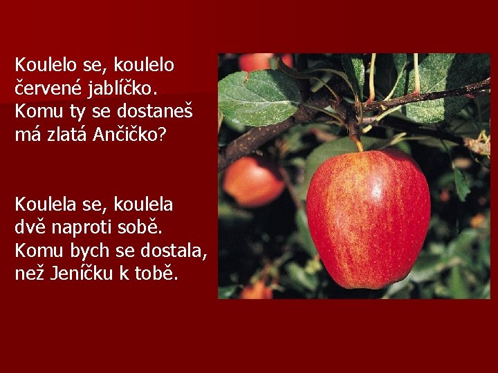 Koulelo se, koulelo červené jablíčko. Komu ty se dostaneš má zlatá Ančičko? Koulela se,