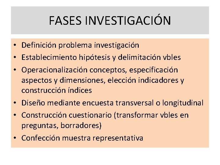 FASES INVESTIGACIÓN • Definición problema investigación • Establecimiento hipótesis y delimitación vbles • Operacionalización