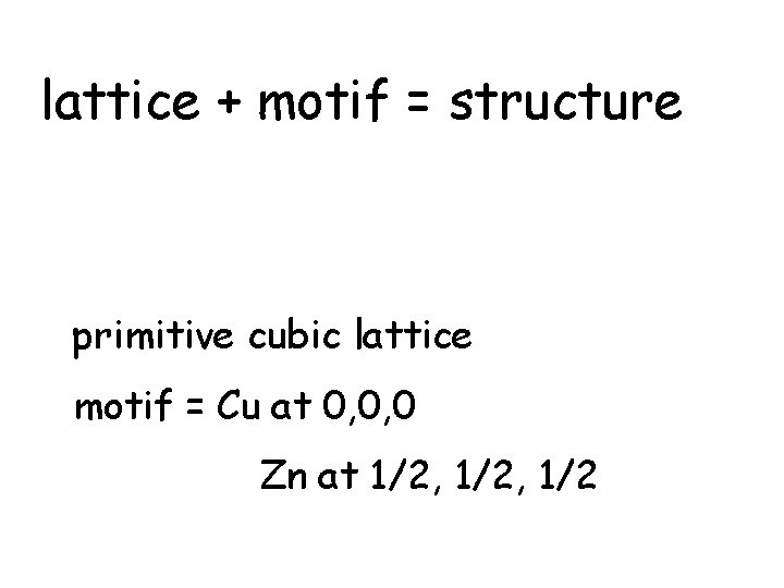 lattice + motif = structure primitive cubic lattice motif = Cu at 0, 0,