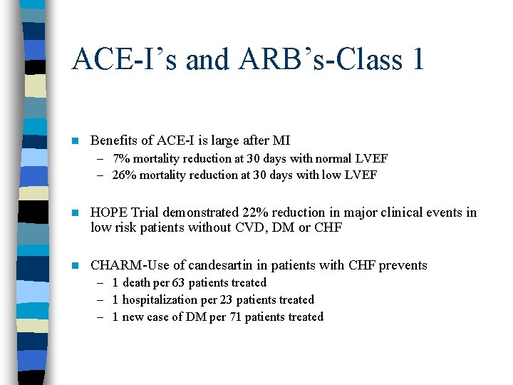 ACE-I’s and ARB’s-Class 1 n Benefits of ACE-I is large after MI – 7%